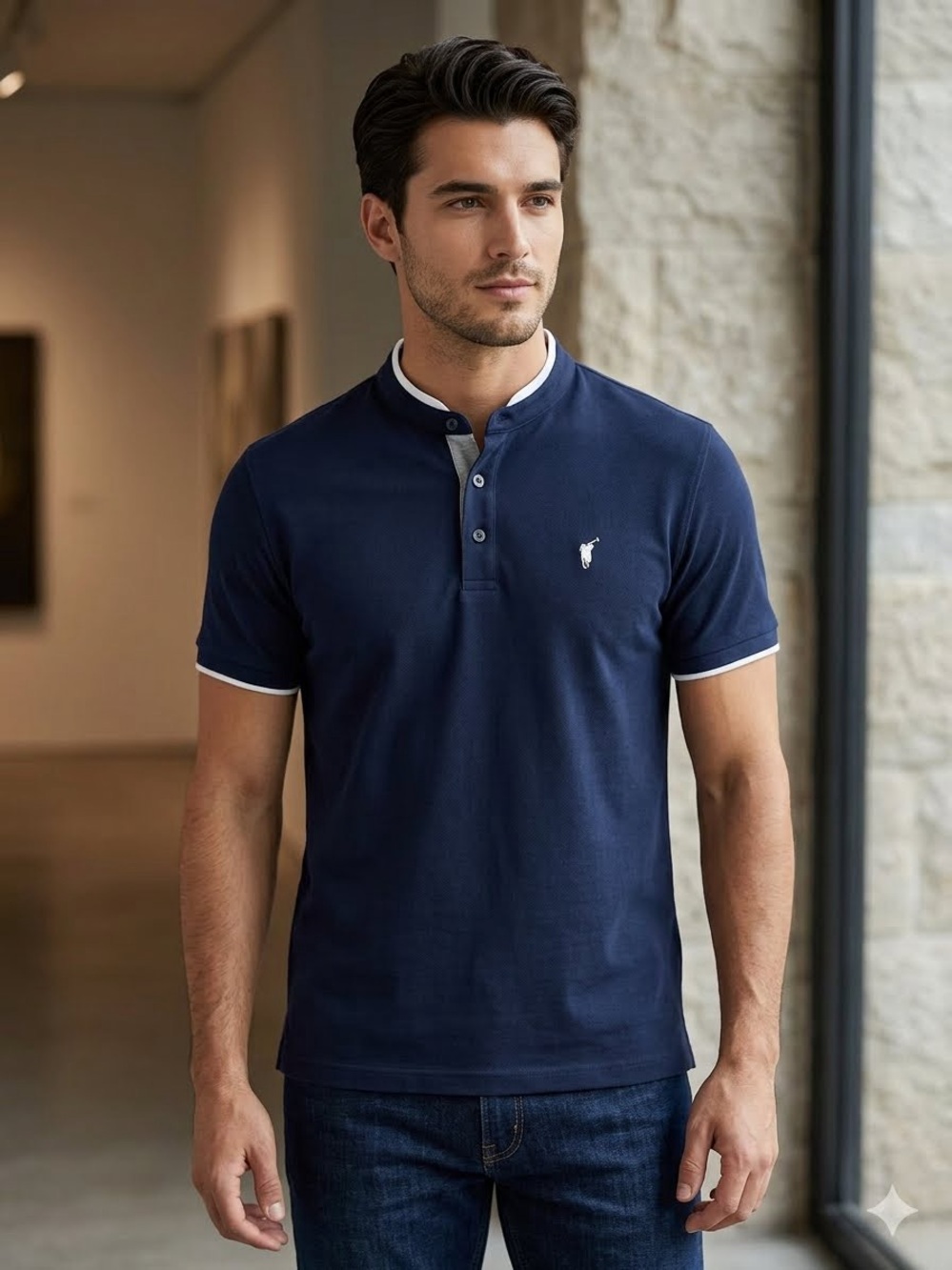 Polowalk Navy Blue Mandarin Collar Polo Shirt - Size L (175/96A)